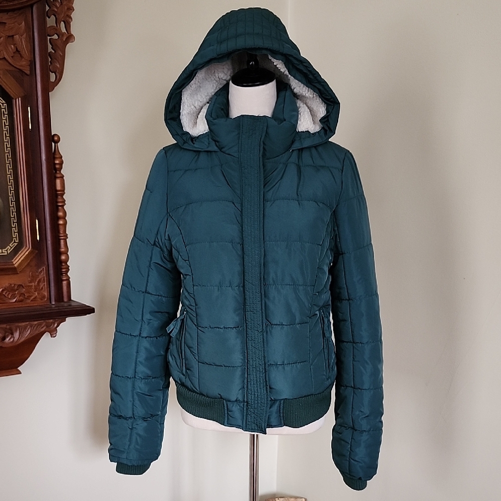 Americam Eagle Teal Hooded Puffer Jacket, Size L